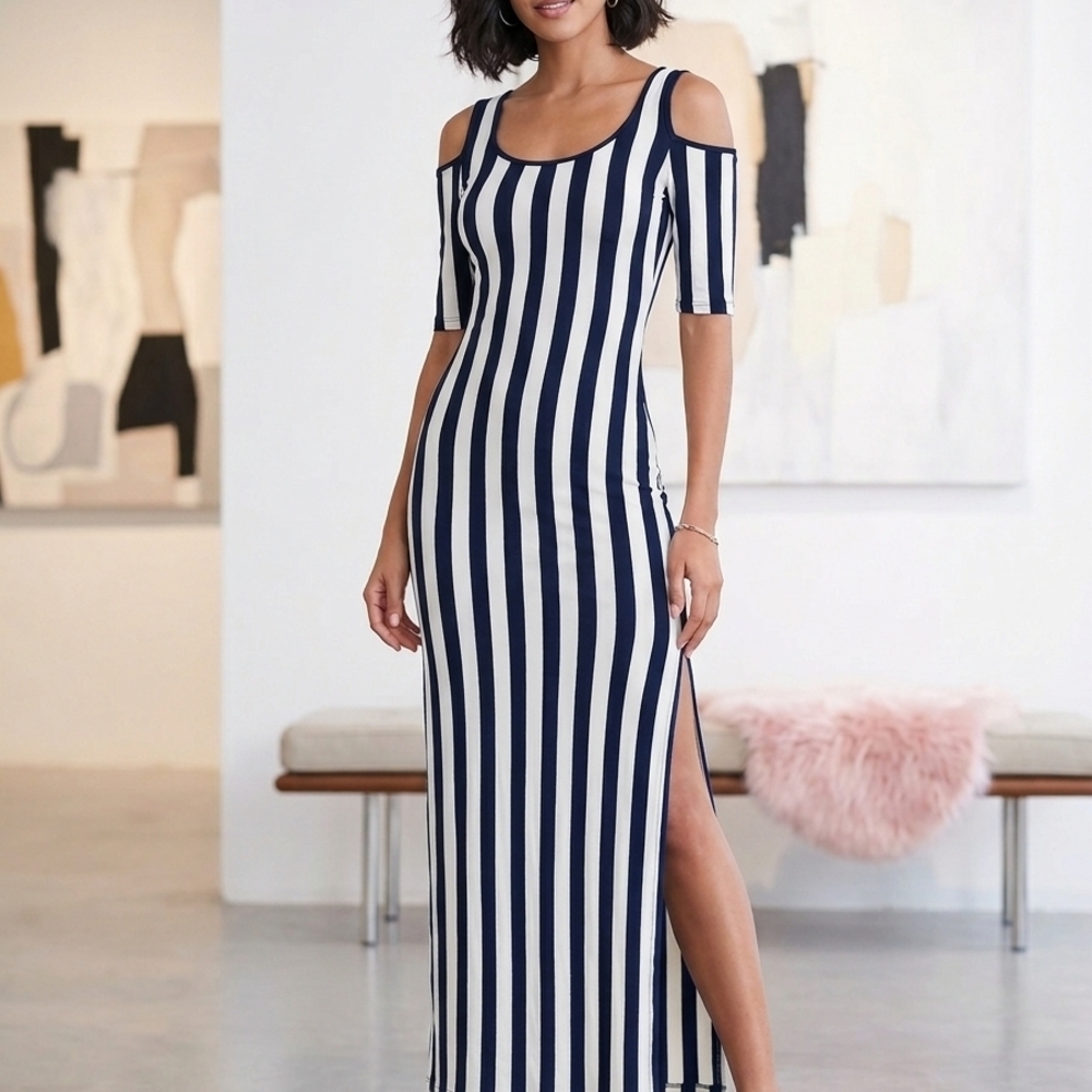A Ellen Navy and White Striped Cold-Shoulder Maxi Dress New Whithout Label
